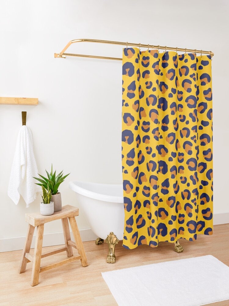 Golden Yellow Navy Blue Rust Orange Vintage Shower Curtains - Leopard Spots Bath Set