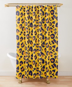 Golden Yellow Navy Blue Rust Orange Vintage Shower Curtains - Leopard Spots Bath Set
