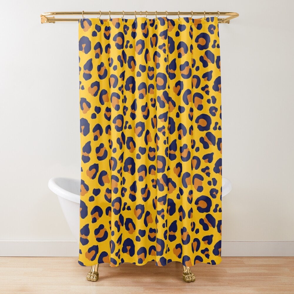 Golden Yellow Navy Blue Rust Orange Vintage Shower Curtains - Leopard Spots Bath Set