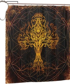 Golden Yggdrasil Tree Life Print Shower Curtain - Waterproof Bath Curtain with Viking Design for Home, Hotel, Office 