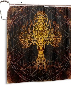 Golden Yggdrasil Tree Life Print Shower Curtain - Waterproof Bath Curtain with Viking Design for Home, Hotel, Office