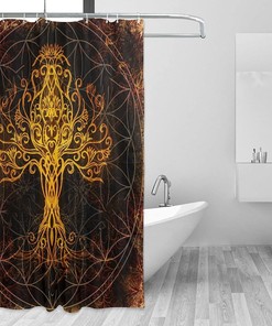 Golden Yggdrasil Tree Life Print Shower Curtain - Waterproof Bath Curtain with Viking Design for Home, Hotel, Office 