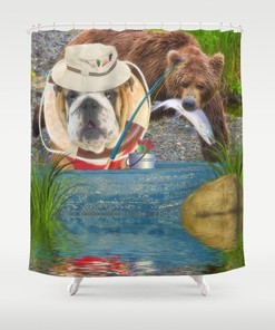 Gone Fishing Bulldog Waterproof Fabric Shower Curtain