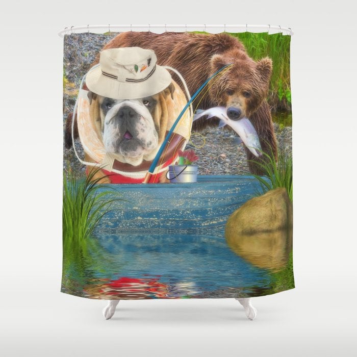 Gone Fishing Bulldog Waterproof Fabric Shower Curtain