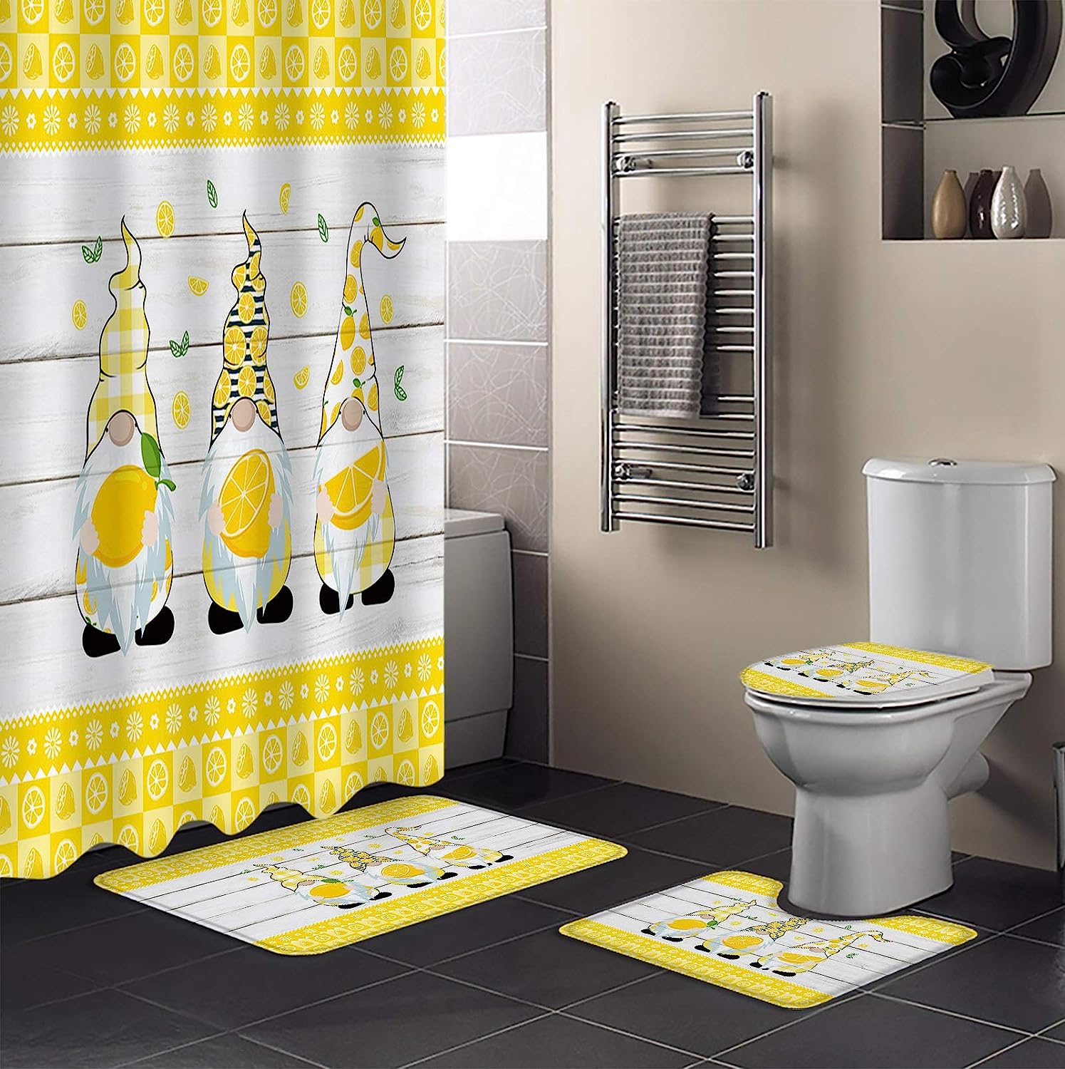 Gonome Yellow Lemon Plaid Wooden Bathroom Shower Curtain