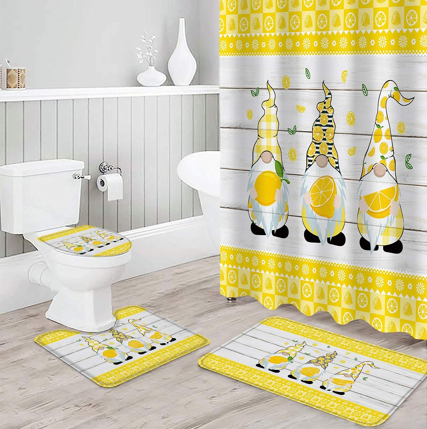 Gonome Yellow Lemon Plaid Wooden Bathroom Shower Curtain