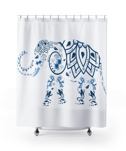 Gorgeous Blue Floral Elephant On White Shower Curtain For Classic Bathroom Decoration