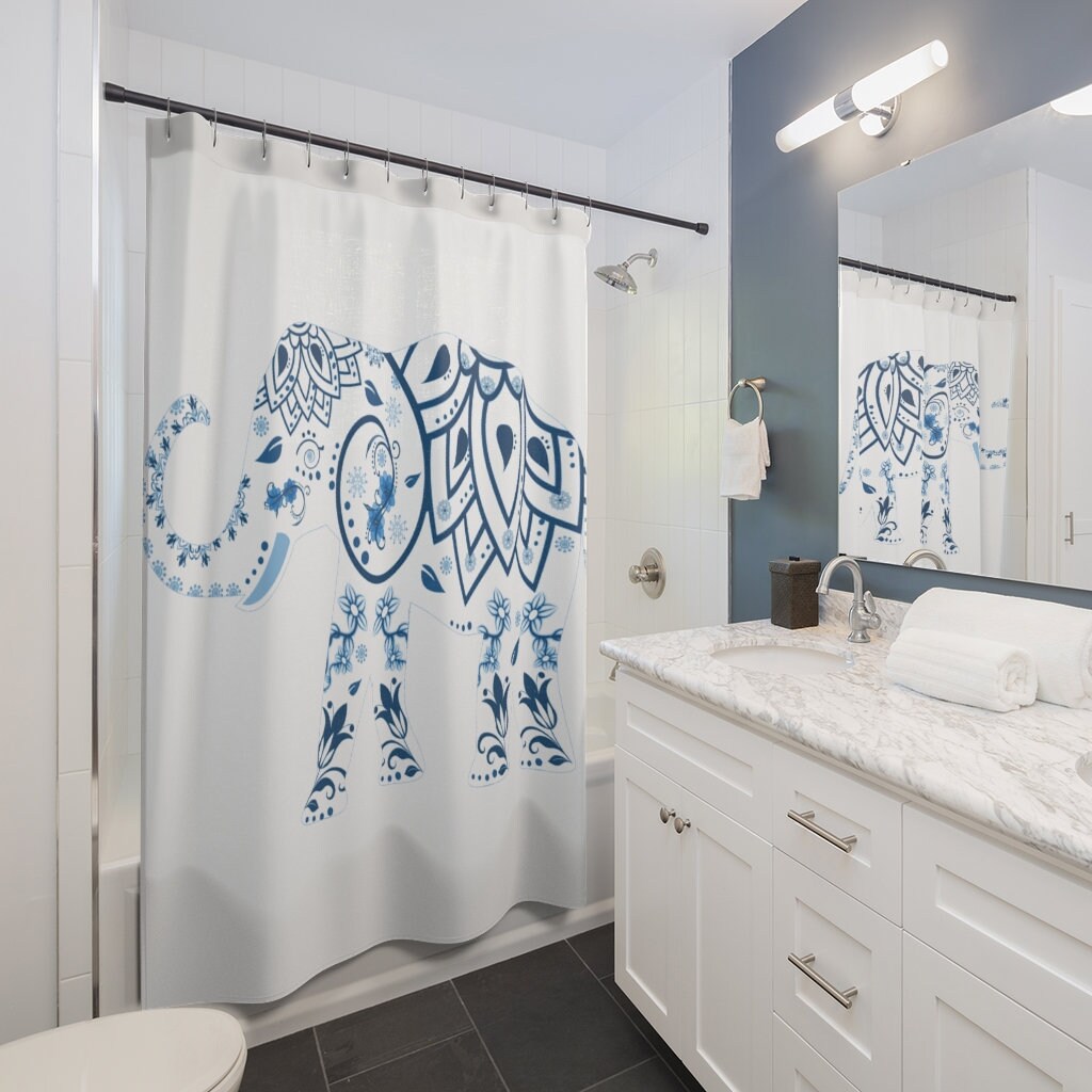 Gorgeous Blue Floral Elephant On White Shower Curtain For Classic Bathroom Decoration - Image 2
