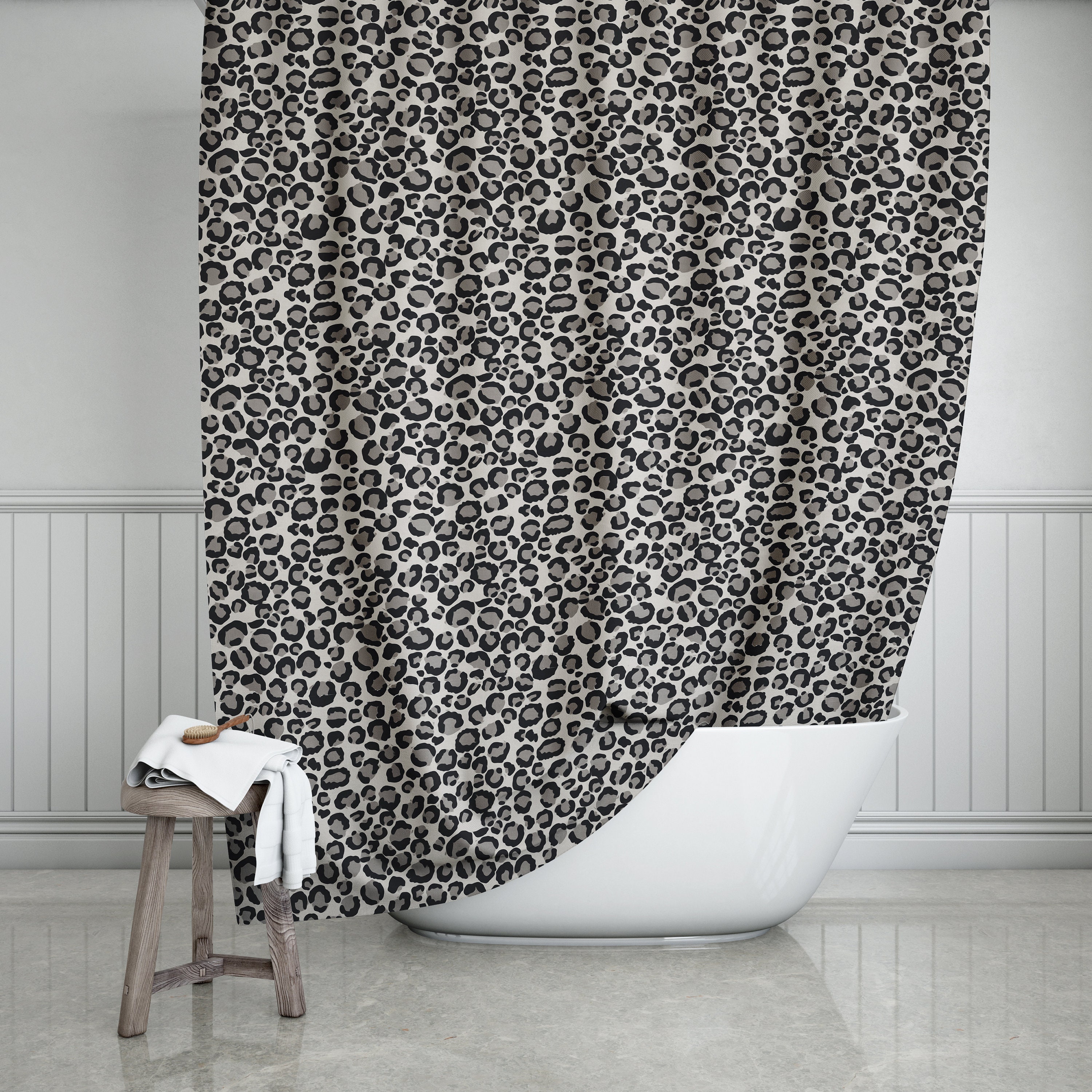 Gorgeous Gray Leopard Print Bathroom Shower Curtain with Animal Print Bath Curtain and Glam Bathroom Decor