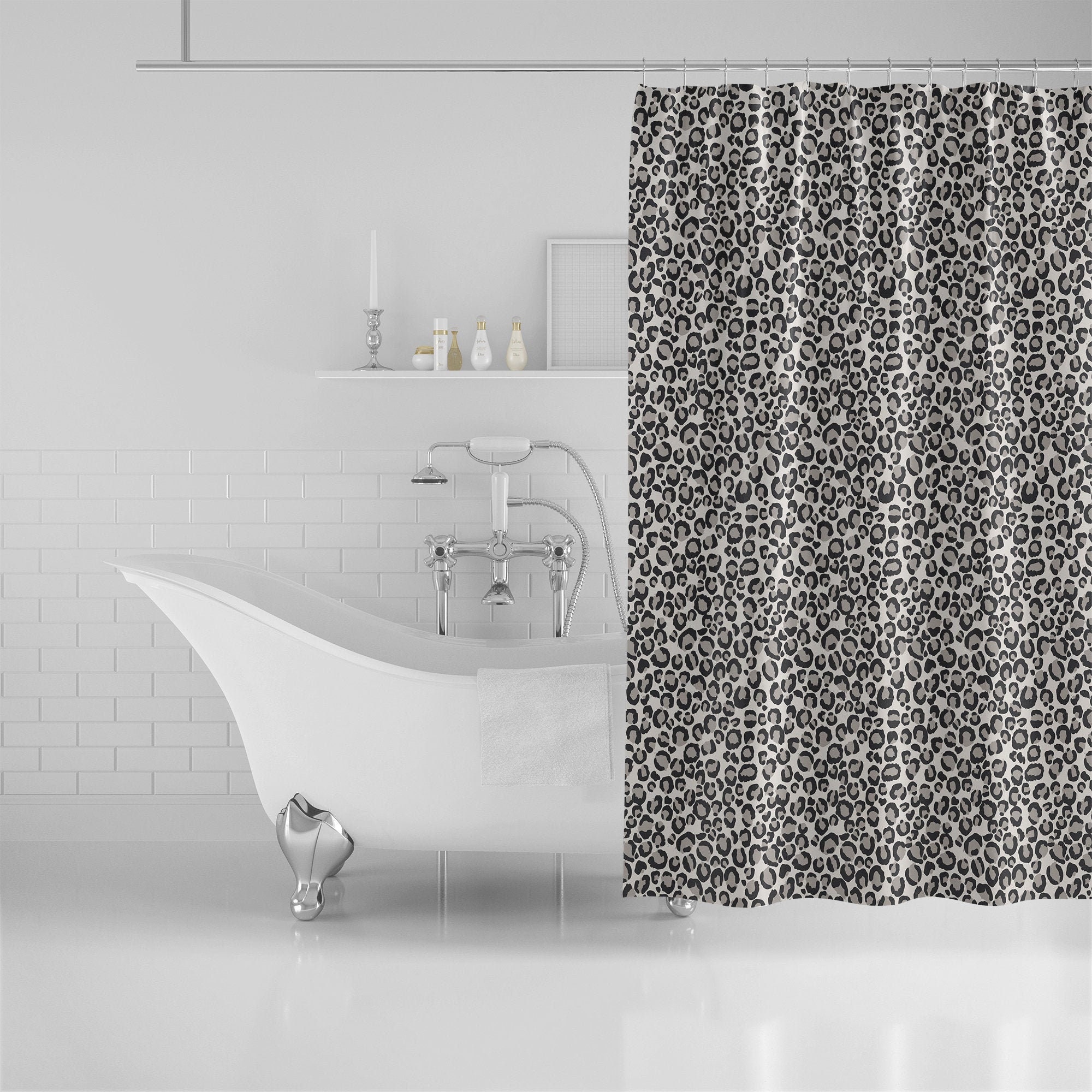 Gorgeous Gray Leopard Print Bathroom Shower Curtain with Animal Print Bath Curtain and Glam Bathroom Decor