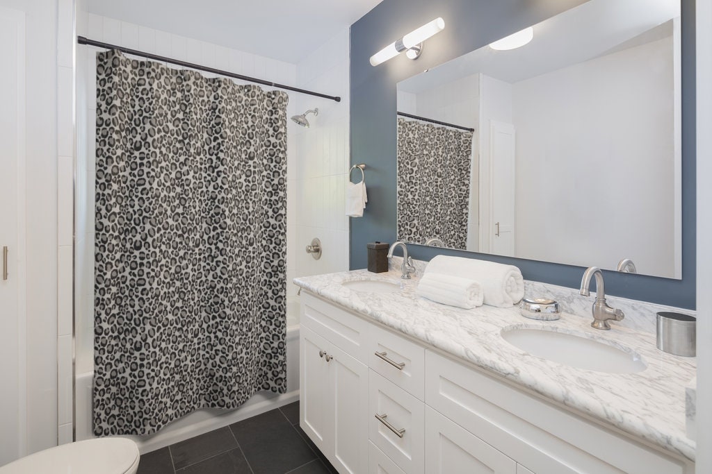Gorgeous Gray Leopard Print Bathroom Shower Curtain with Animal Print Bath Curtain and Glam Bathroom Decor