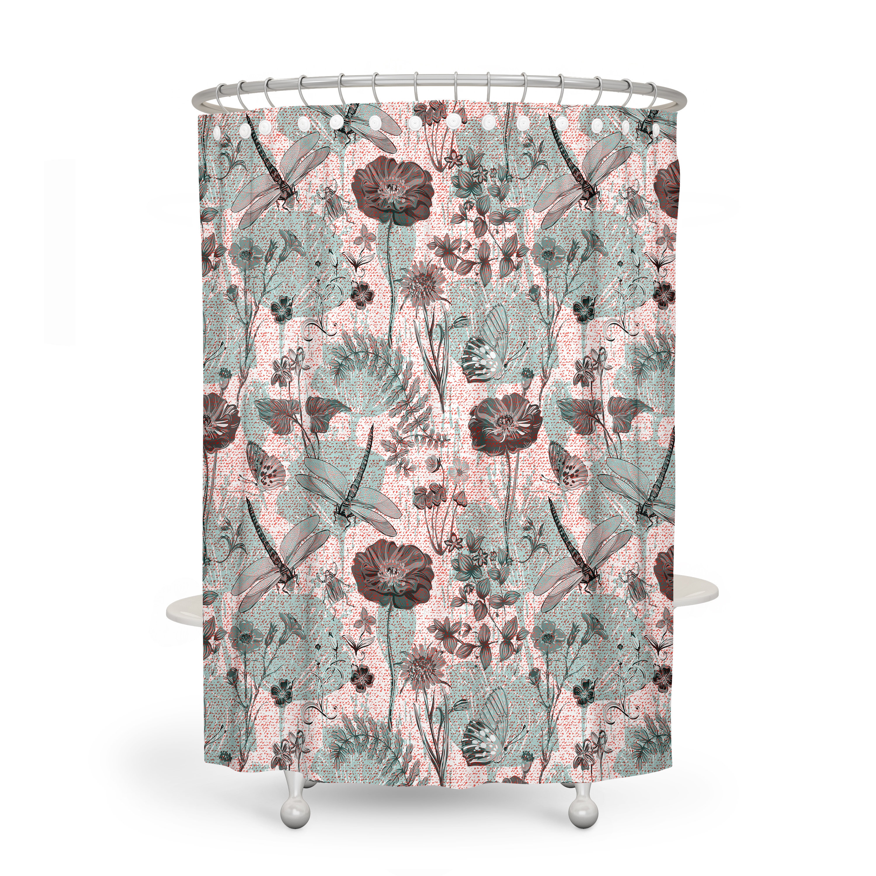Gorgeous Pink Dragonfly Floral Shower Curtain With Optional Towels