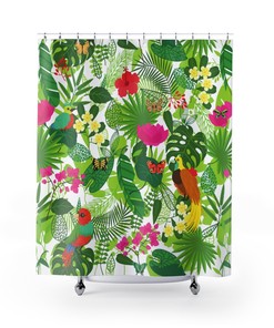 Gorgeous Rainforest Animals Shower Curtain with Tropical Birds and Butterflies for a Nature-Inspired Bathroom
