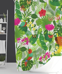 Gorgeous Rainforest Animals Shower Curtain with Tropical Birds and Butterflies for a Nature-Inspired Bathroom