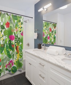 Gorgeous Rainforest Animals Shower Curtain with Tropical Birds and Butterflies for a Nature-Inspired Bathroom