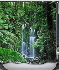 Gorgeous Rainforest Shower Curtain with Green Trees and Waterfalls for a Serene and Natural Bathroom