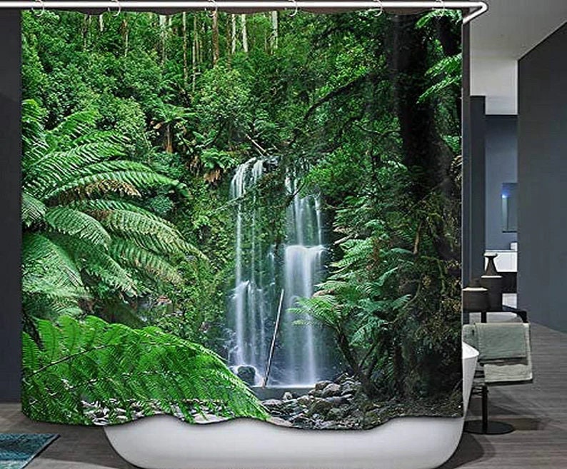 Gorgeous Rainforest Shower Curtain with Green Trees and Waterfalls for a Serene and Natural Bathroom