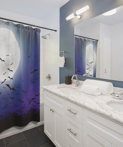 Goth Shower Curtain For Spooky Bathroom - Bats And Moon With Witchy Bathroom Decor