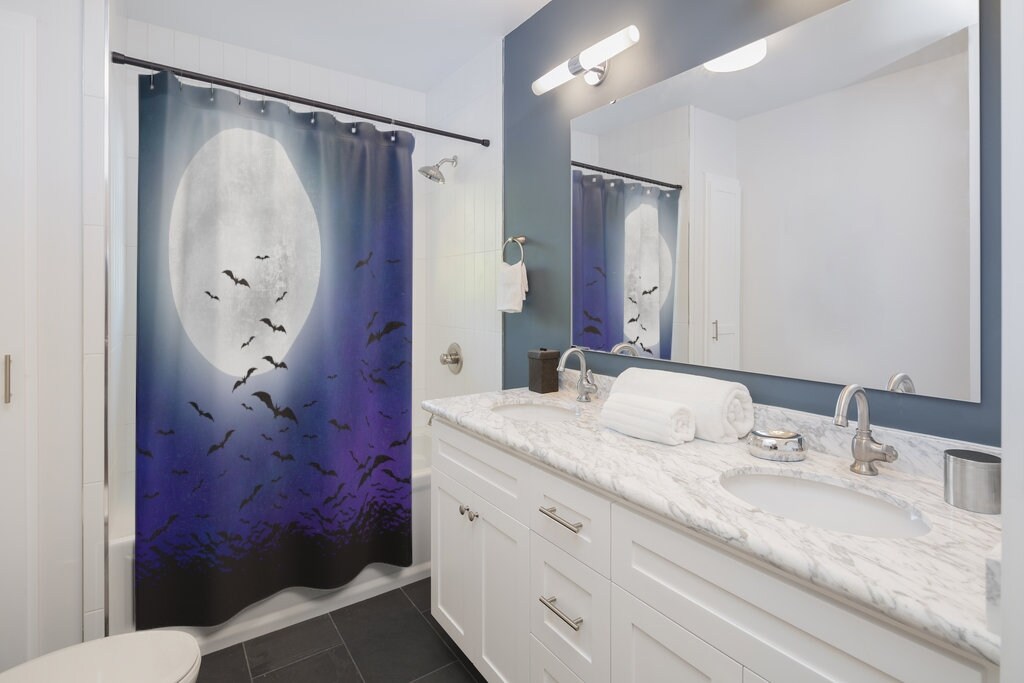 Goth Shower Curtain For Spooky Bathroom - Bats And Moon With Witchy Bathroom Decor
