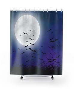 Goth Shower Curtain For Spooky Bathroom - Bats And Moon With Witchy Bathroom Decor