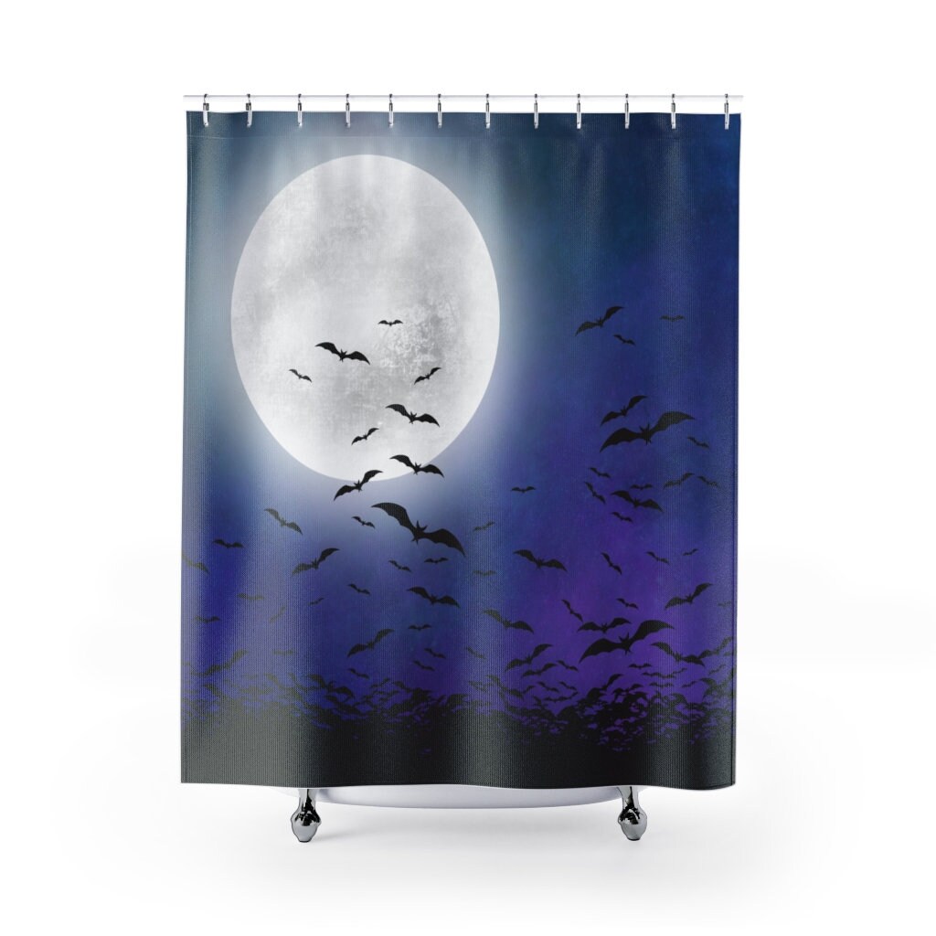 Goth Shower Curtain For Spooky Bathroom - Bats And Moon With Witchy Bathroom Decor