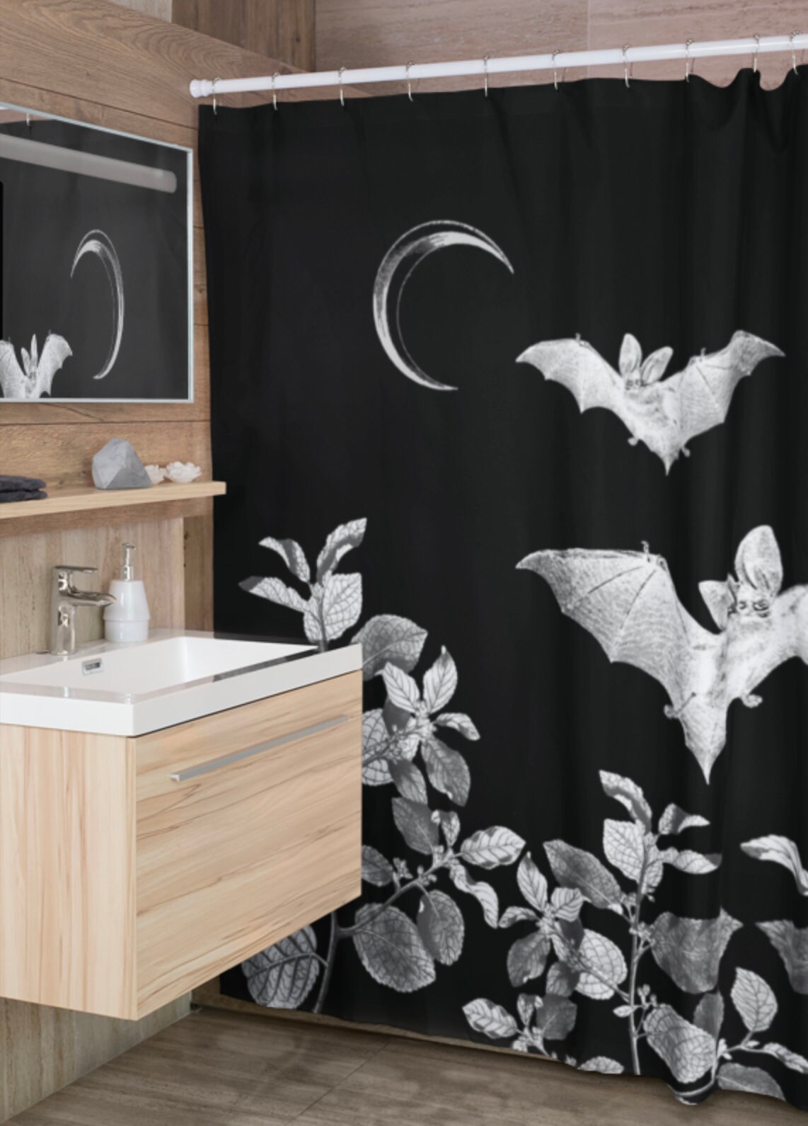 Gothic Bat Biology Shower Curtain With Goblincore And Goth Print