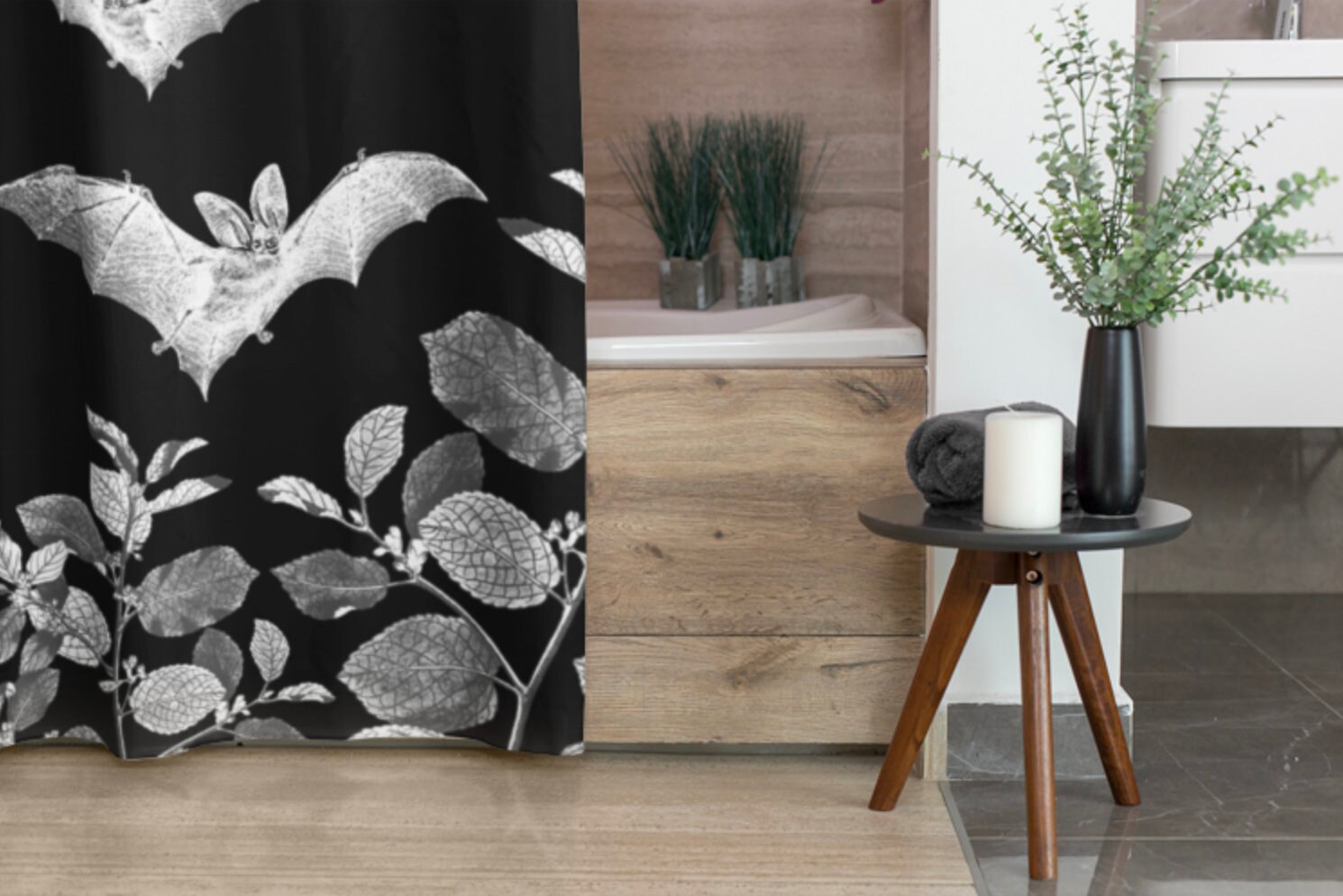 Gothic Bat Biology Shower Curtain With Goblincore And Goth Print