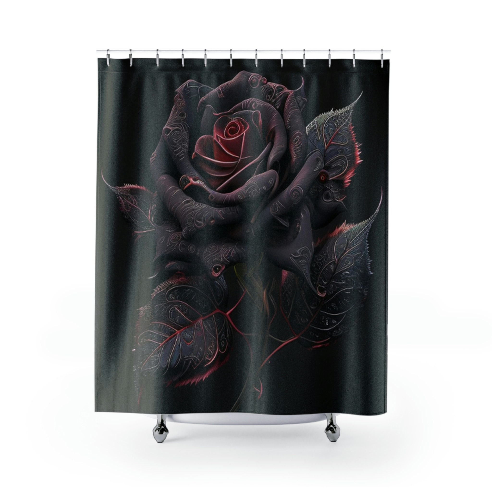 Gothic Black Rose Shower Curtain With Scary Dark Flower Print For Bathroom