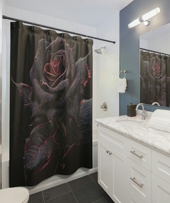 Gothic Black Rose Shower Curtain With Scary Dark Flower Print For Bathroom