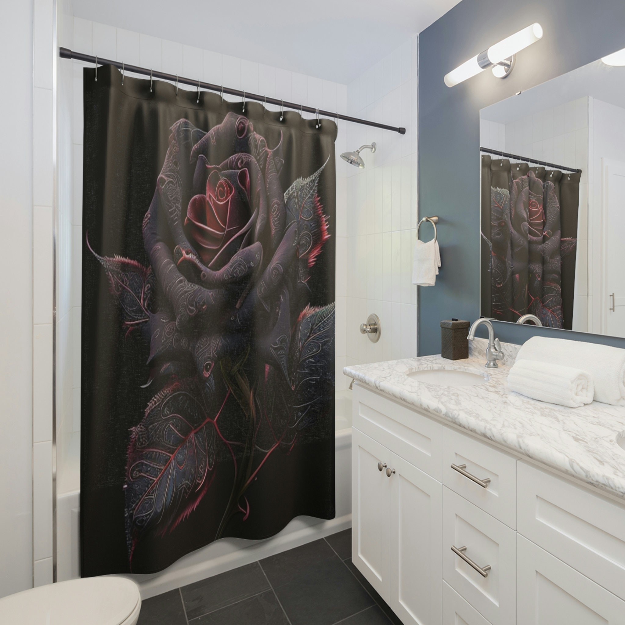 Gothic Black Rose Shower Curtain With Scary Dark Flower Print For Bathroom