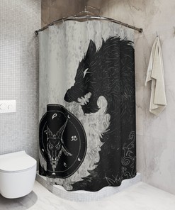 Gothic Black Wolf Shower Curtain With Baphomet Demonic Print For Bathroom