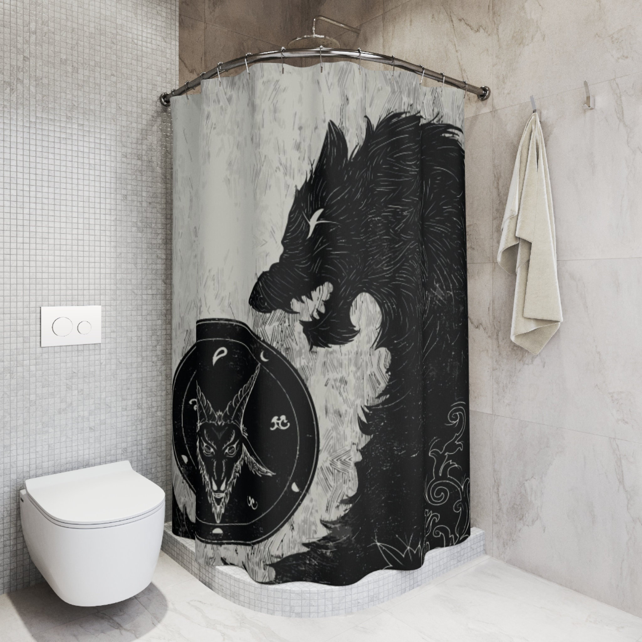 Gothic Black Wolf Shower Curtain With Baphomet Demonic Print For Bathroom