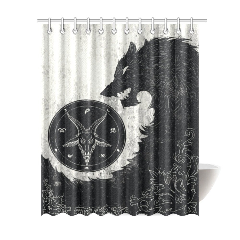 Gothic Black Wolf Shower Curtain With Baphomet Demonic Print For Bathroom