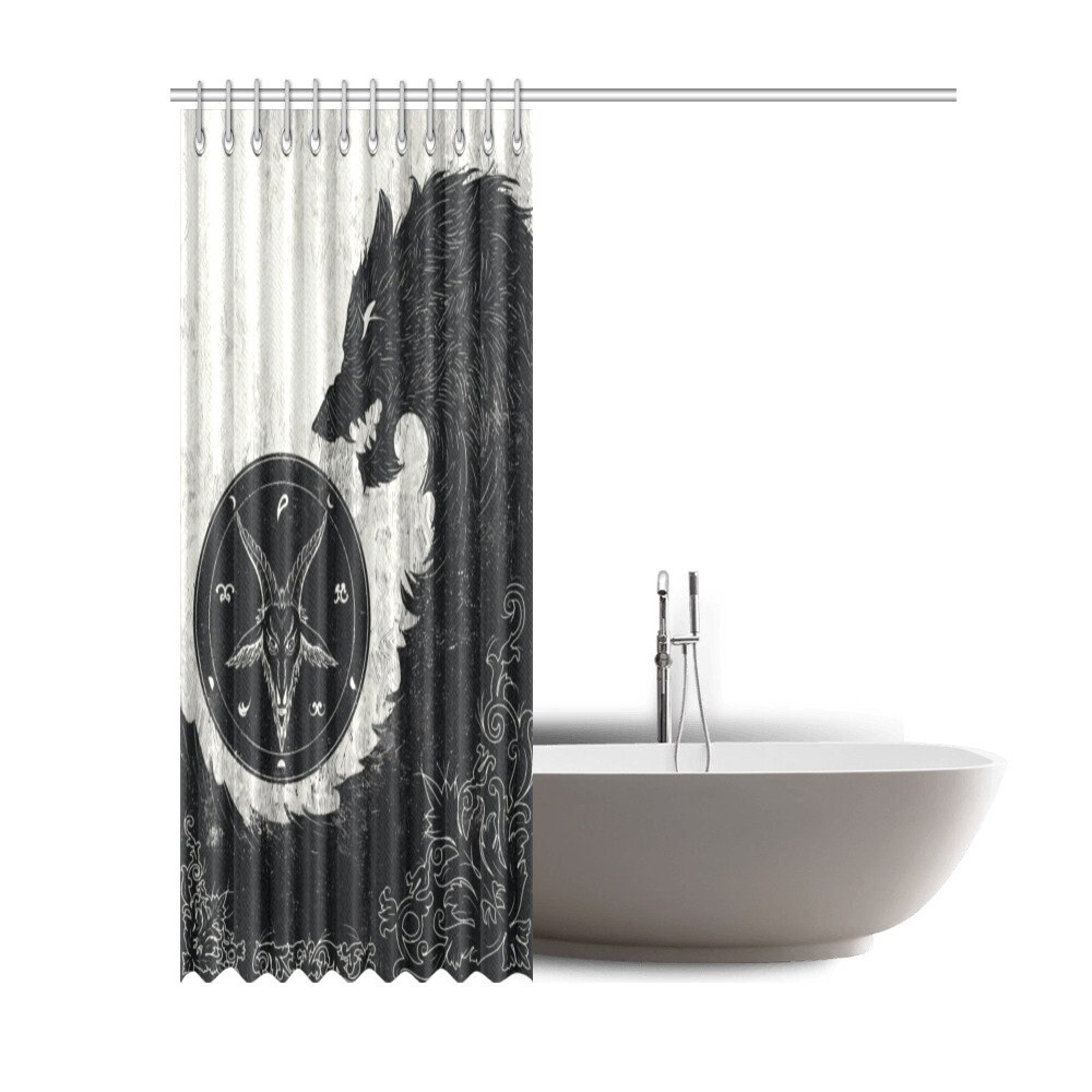 Gothic Black Wolf Shower Curtain With Baphomet Demonic Print For Bathroom