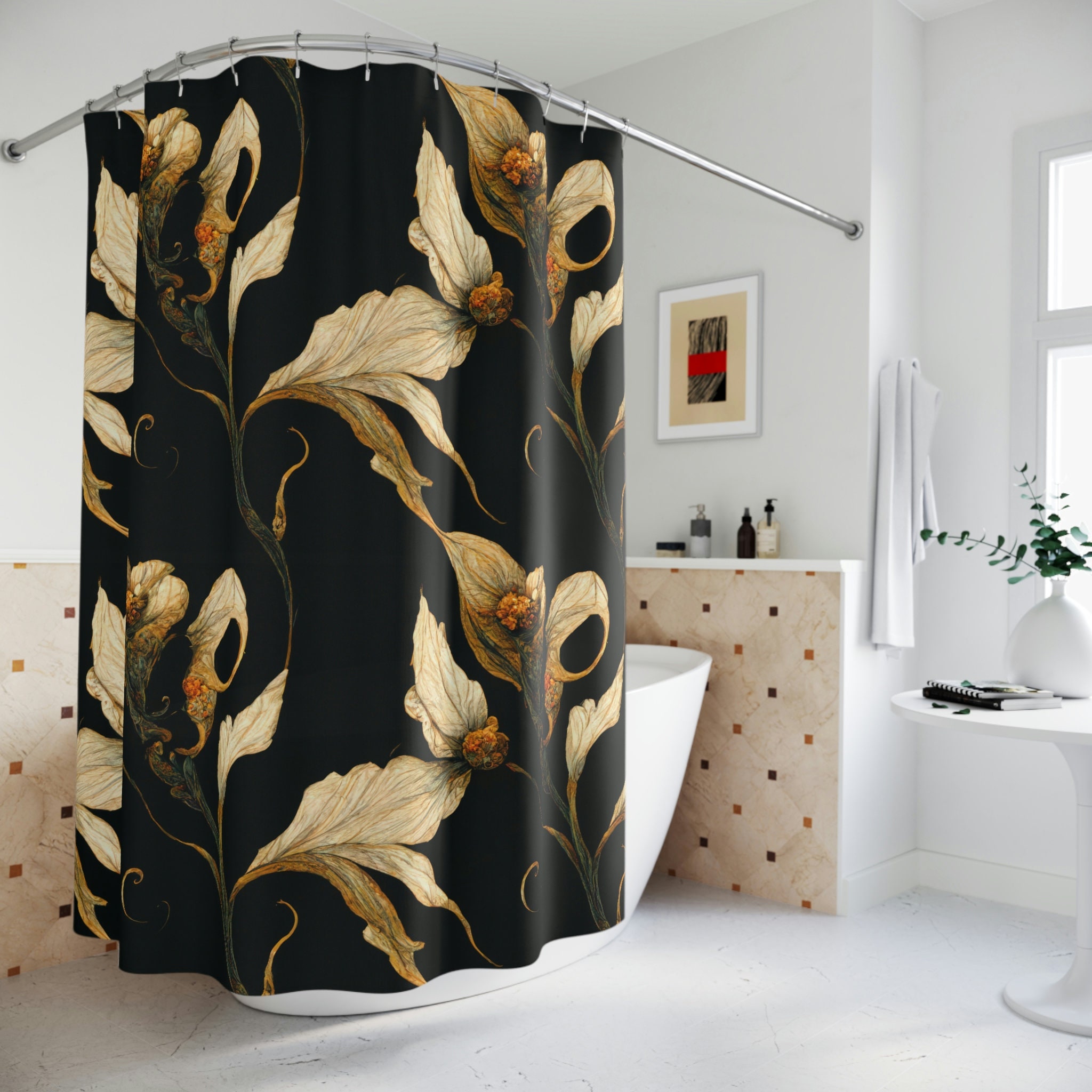 Gothic Botanical Bathroom Decor - Dark Academia Floral Shower Curtain, Vintage Art Nouveau Design, Elegant Maximalism