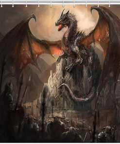 Gothic Castle Dragon Shower Curtain, Fantasy Medieval Bathroom Decor 