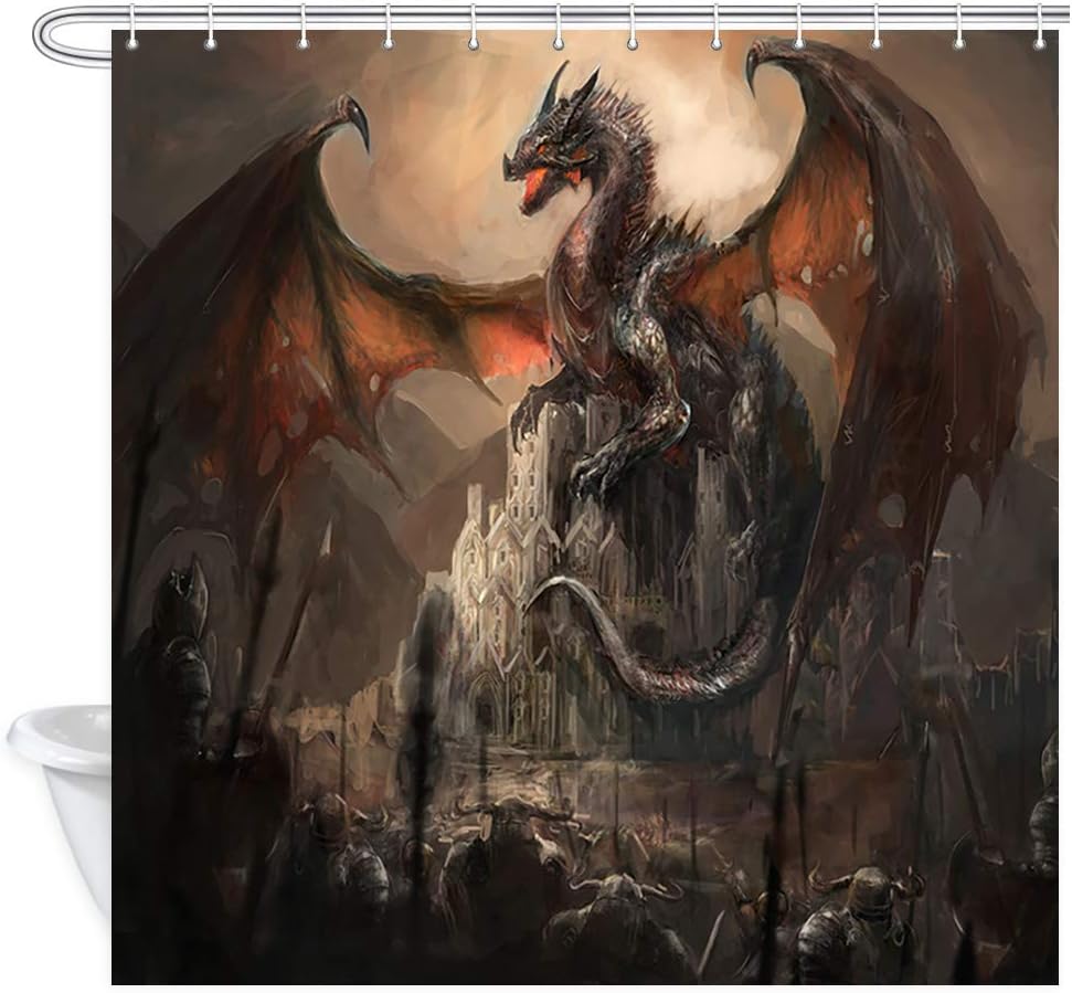Gothic Castle Dragon Shower Curtain, Fantasy Medieval Bathroom Decor