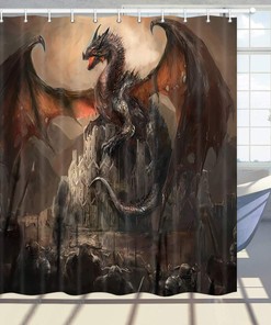 Gothic Castle Dragon Shower Curtain, Fantasy Medieval Bathroom Decor