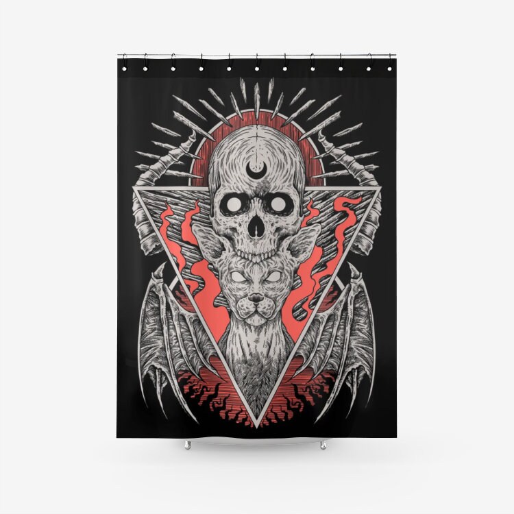 Gothic Cat Skull Fabric Shower Curtain - Gothic Skull Bathroom Decor