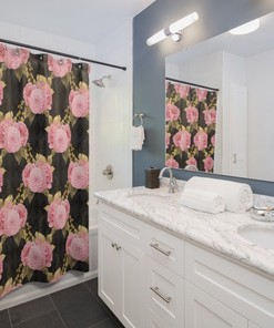 Gothic Floral Black and Gold Shower Curtain with Flower Print for Chic Bathroom Decor