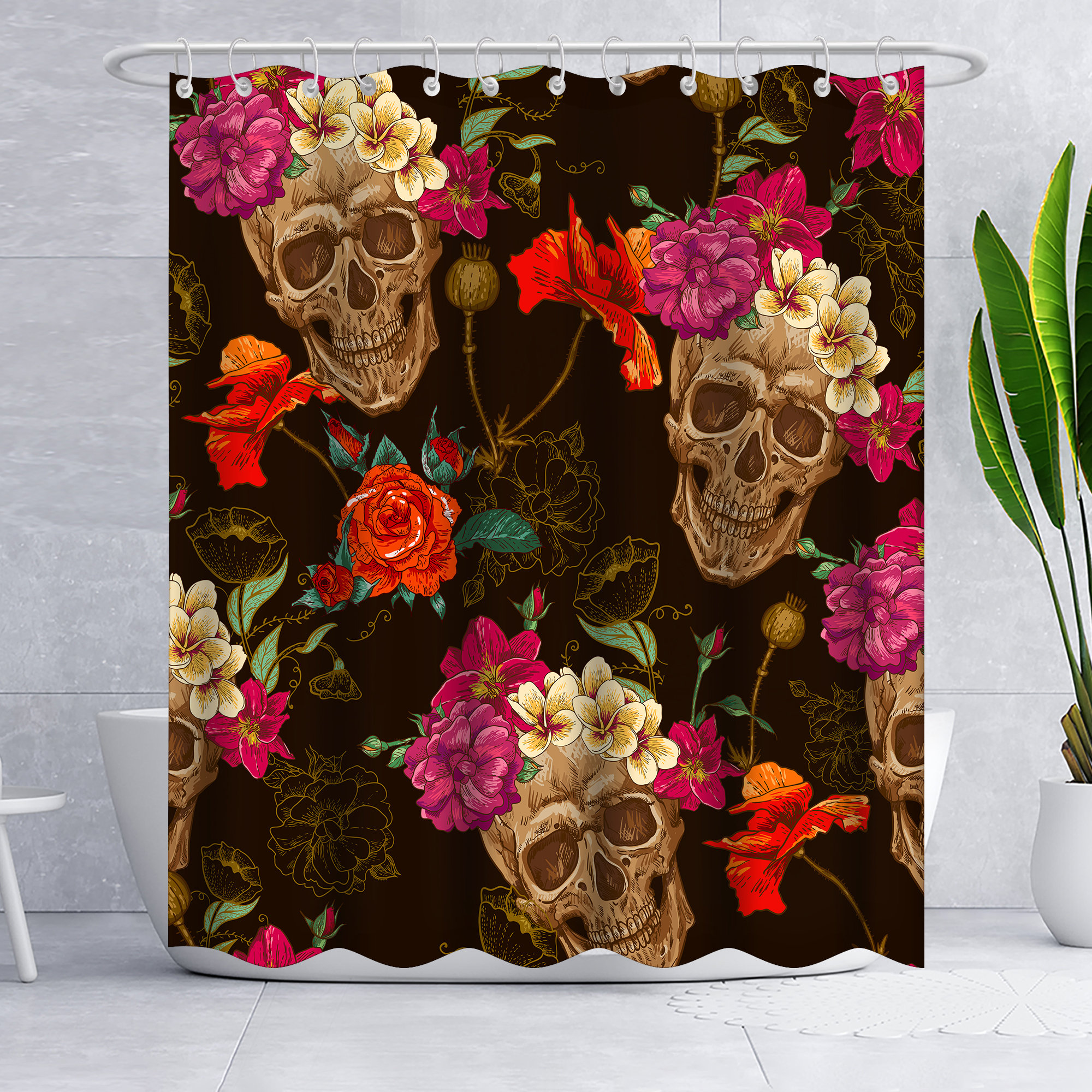 Gothic Floral Skeleton Skull Fabric Shower Curtain - Unique Gothic Bathroom Decor