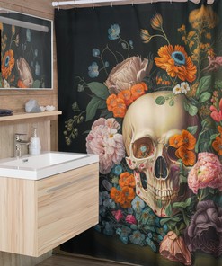 Gothic Memento Mori Shower Curtain with Floral Skull Still Life Print 