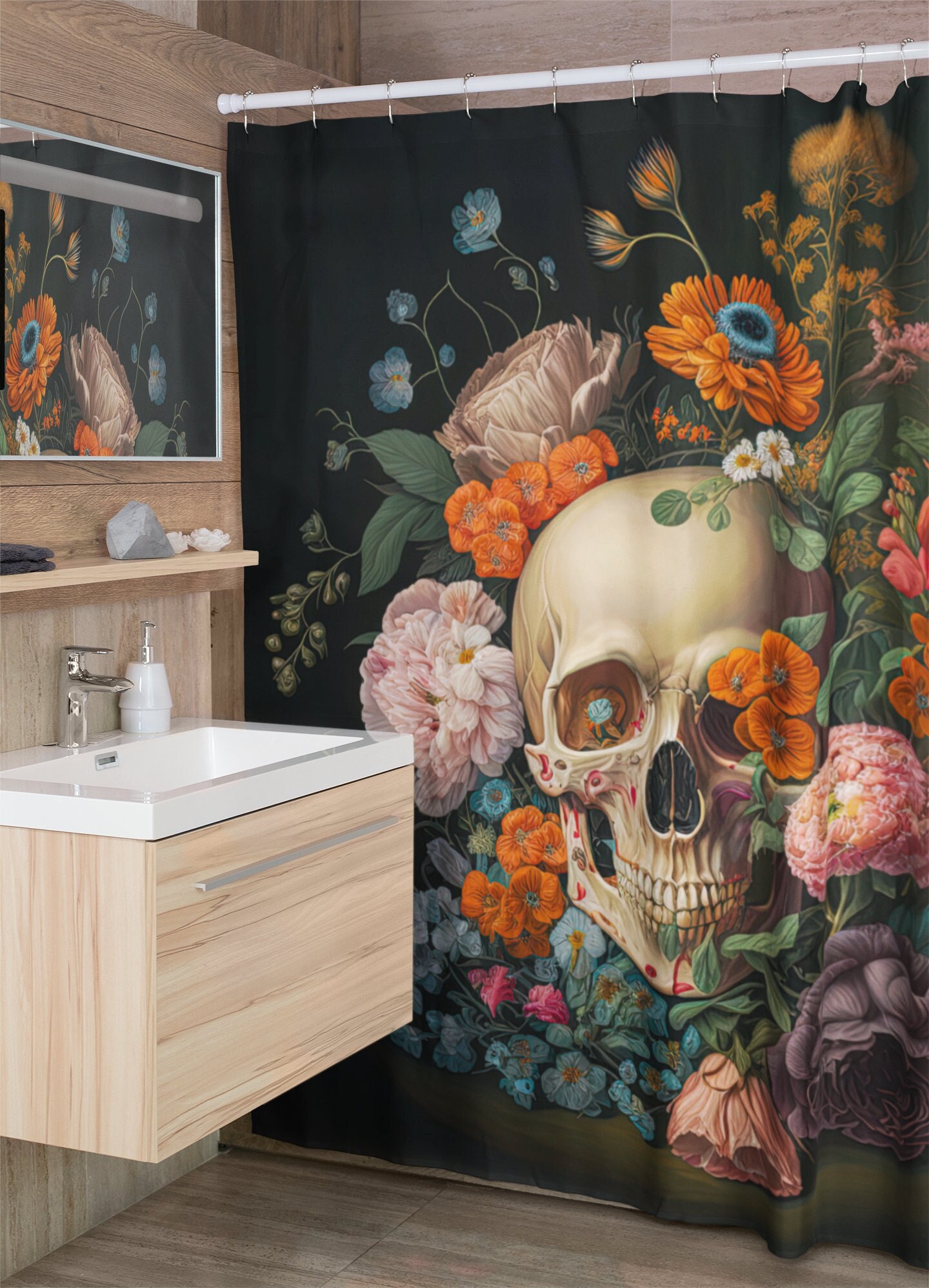 Gothic Memento Mori Shower Curtain with Floral Skull Still Life Print
