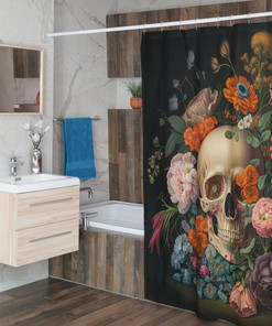 Gothic Memento Mori Shower Curtain with Floral Skull Still Life Print