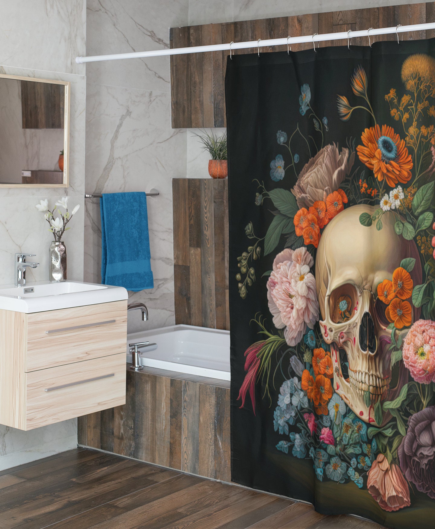 Gothic Memento Mori Shower Curtain with Floral Skull Still Life Print