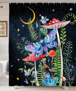 Gothic Moon Phase Butterfly Print Shower Curtain For Boho Bathroom Decor