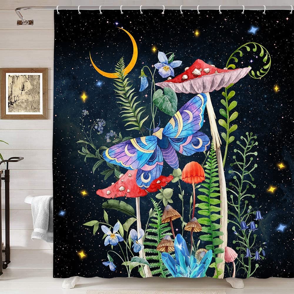 Gothic Moon Phase Butterfly Print Shower Curtain For Boho Bathroom Decor