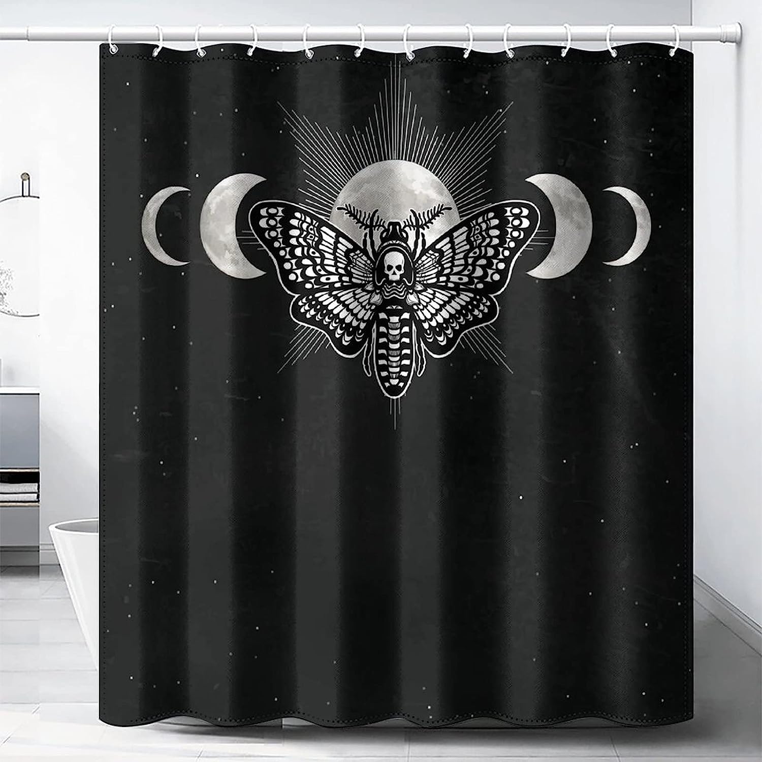 Gothic Moth Shower Curtain - Black Bathroom Curtain With Retro Aesthetic Dreamy Art Design