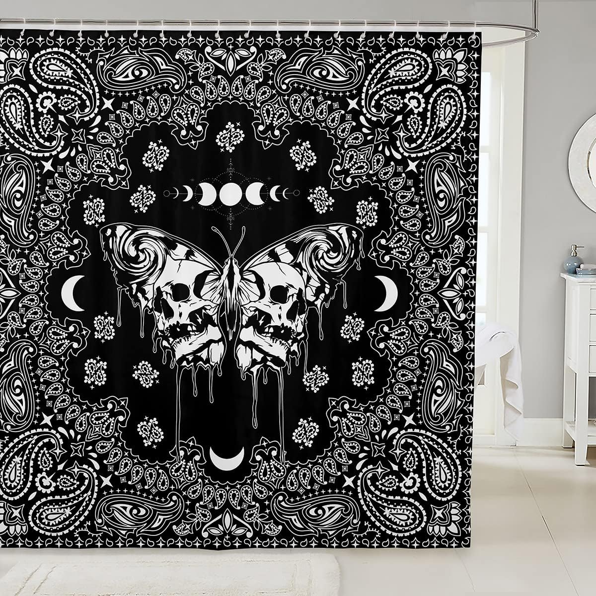 Gothic Moth Shower Curtain With Paisley Floral Design For Kids Bathroom Decor