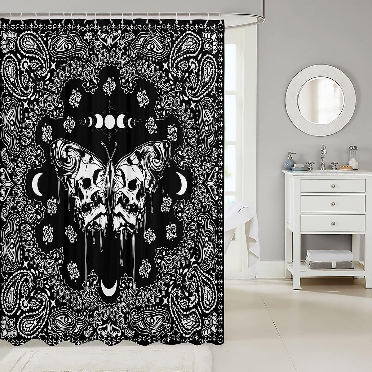 Gothic Moth Shower Curtain With Paisley Floral Design For Kids Bathroom Decor - Image 2